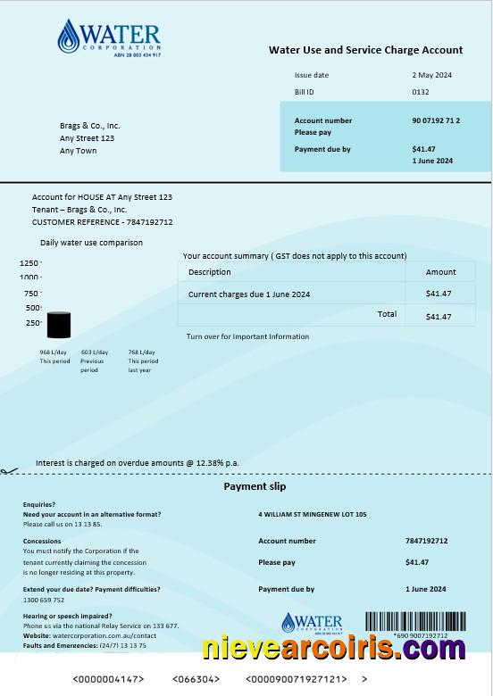Australia Water Corporation WA business utility bill